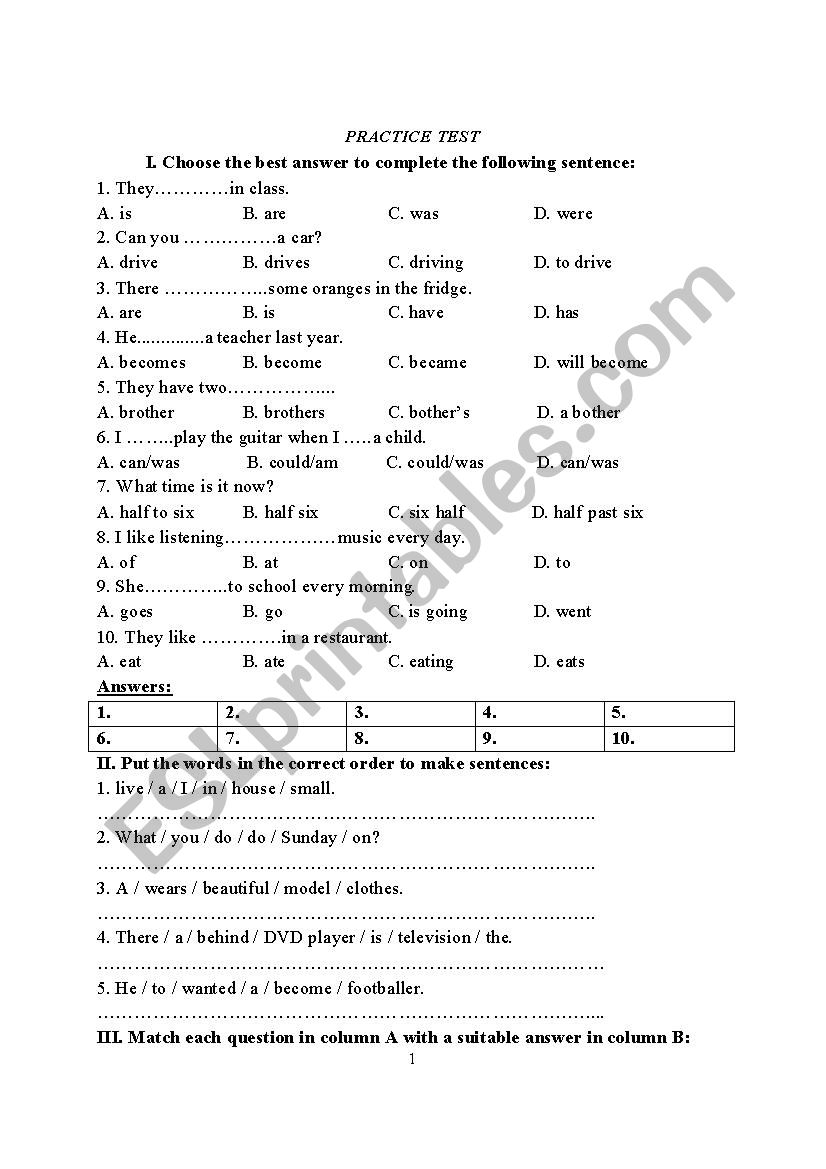 PRACTICE TEST worksheet