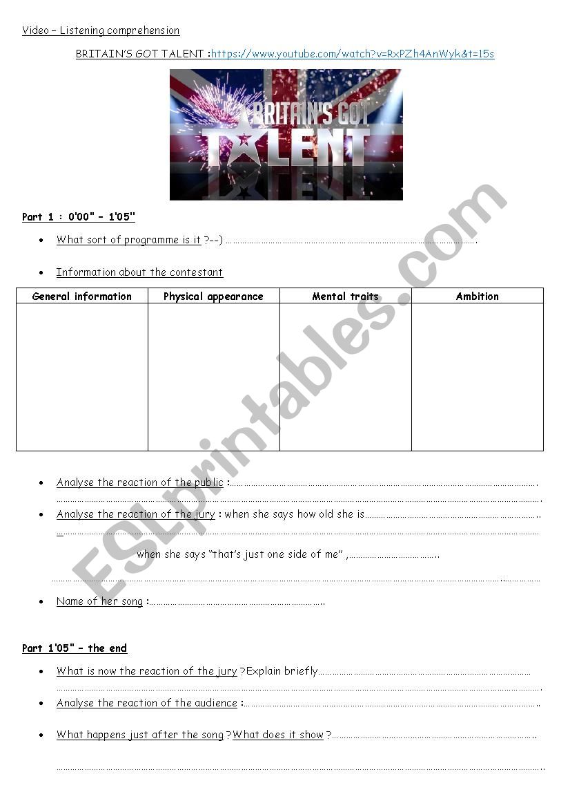 BRITAINS GOT TALENT worksheet