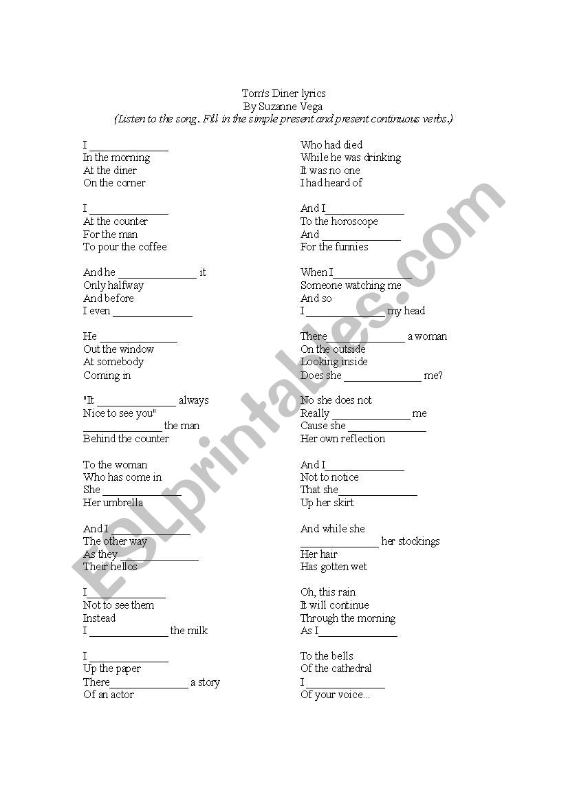 Toms Diner by Suzanne Vega worksheet