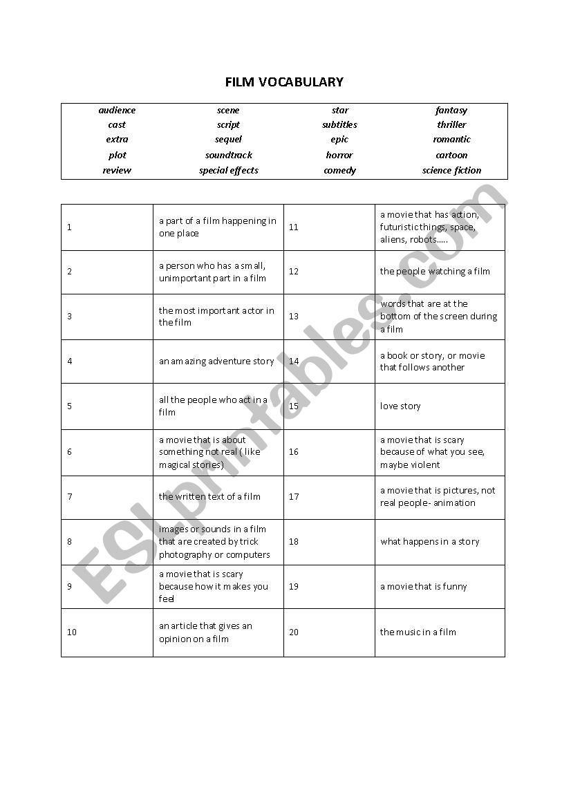 FILM VOCABULARY worksheet