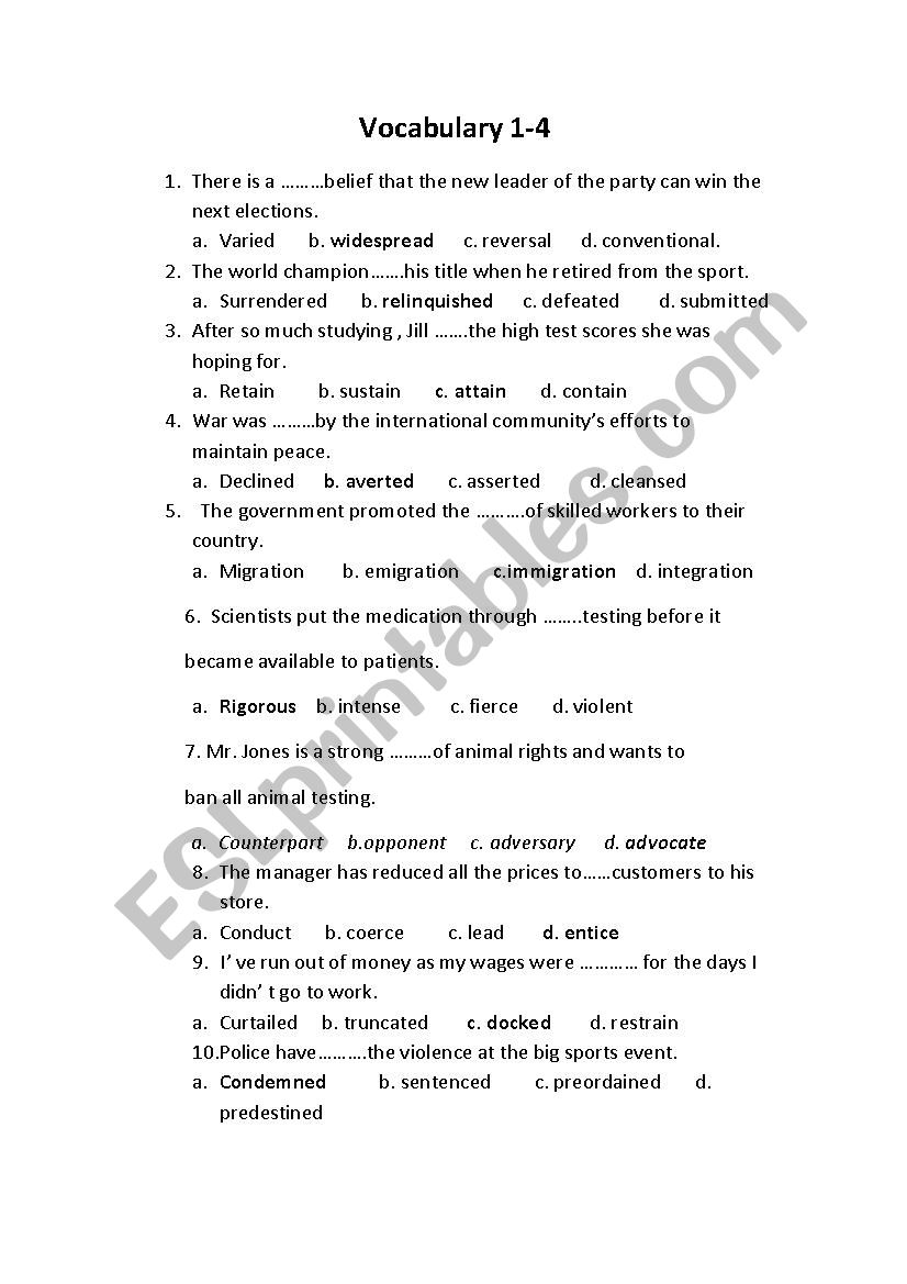 Vocabulary test worksheet