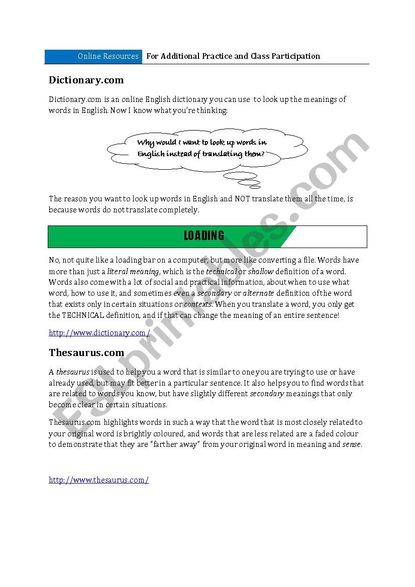 ESL Online Resources worksheet