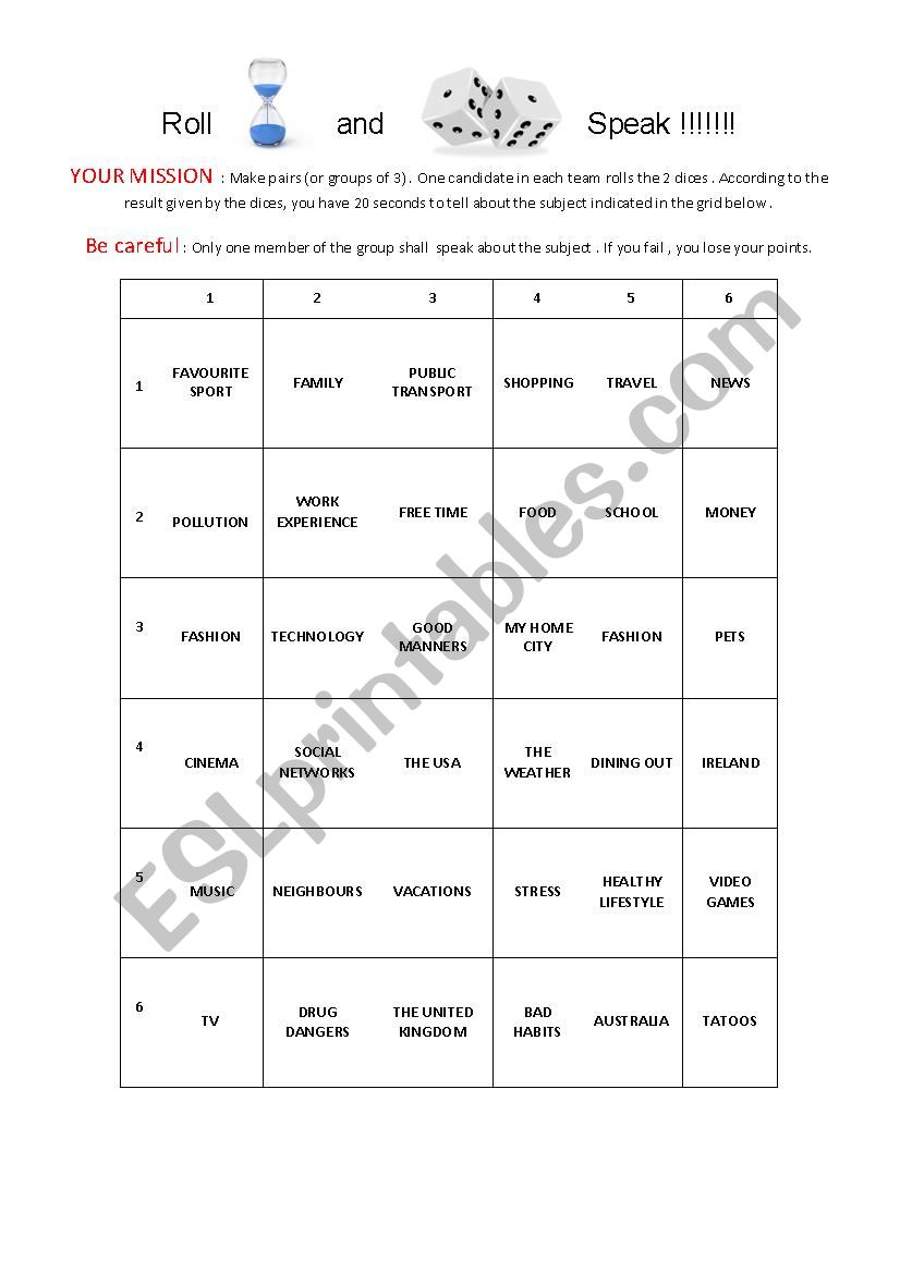 roll and speak worksheet