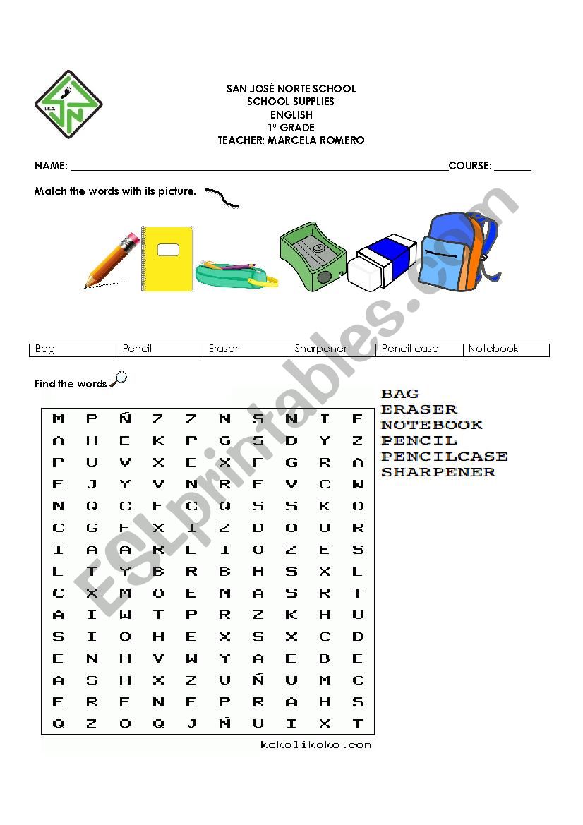 SCHOOL SUPPLIES worksheet