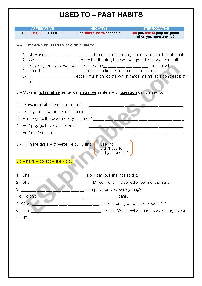 Used To / didn´t use to/ Did (you) use to? ESL worksheet by