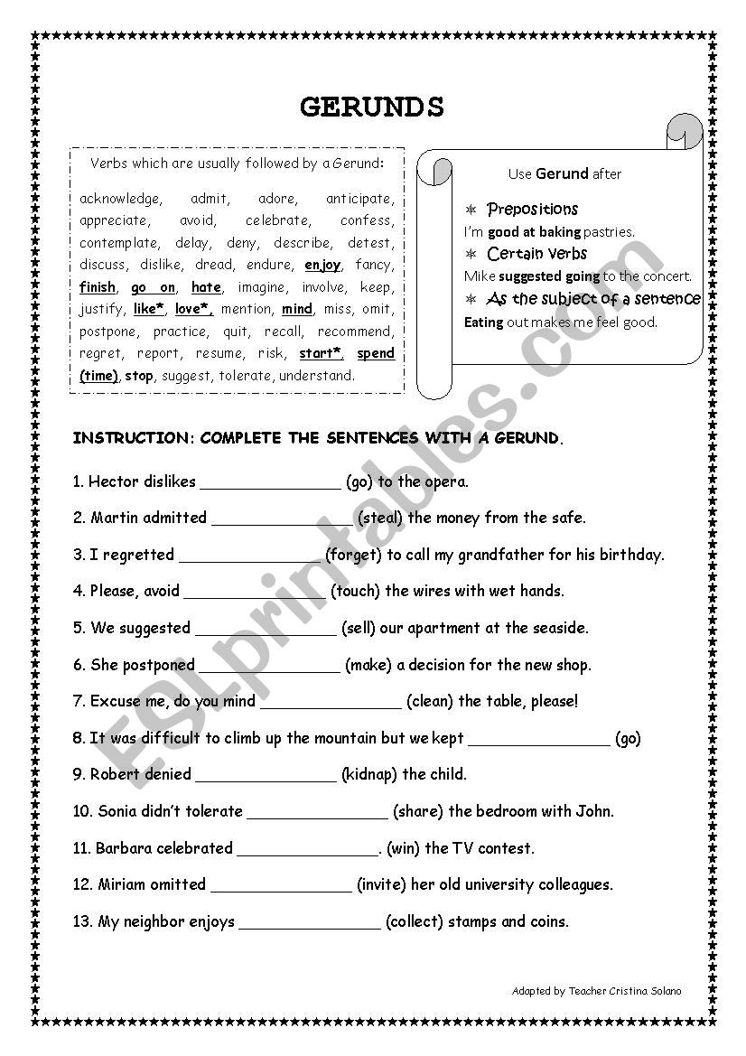 Gerunds worksheet