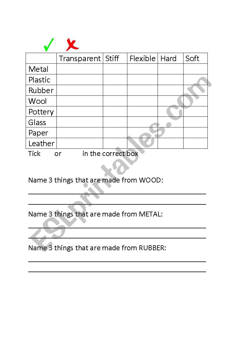 Materials worksheet