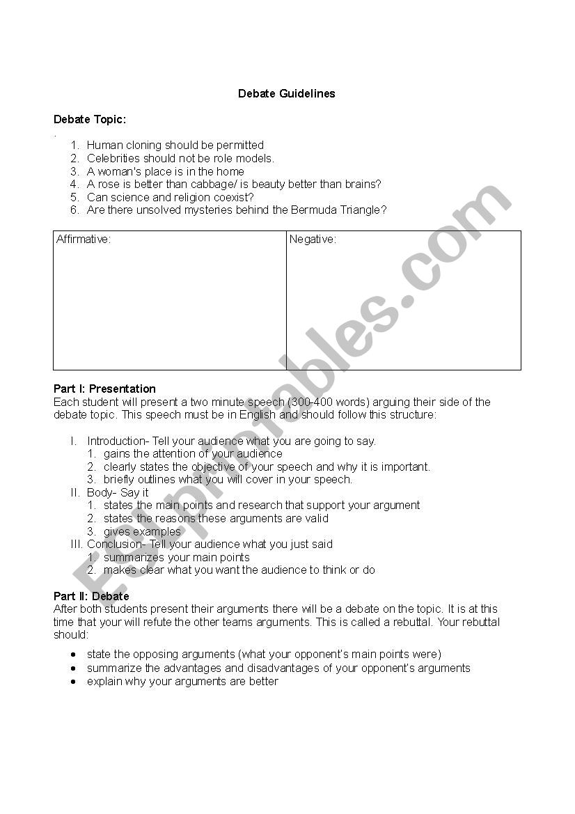 debate guideline worksheet