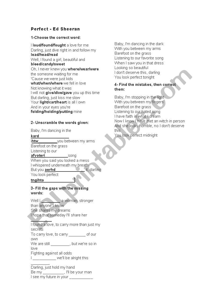 Perfect - Ed Sheeran worksheet