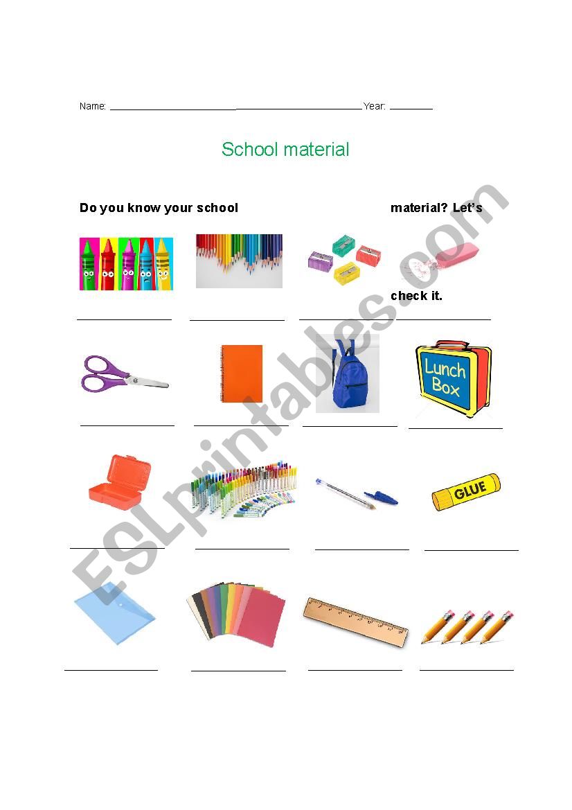 School material worksheet