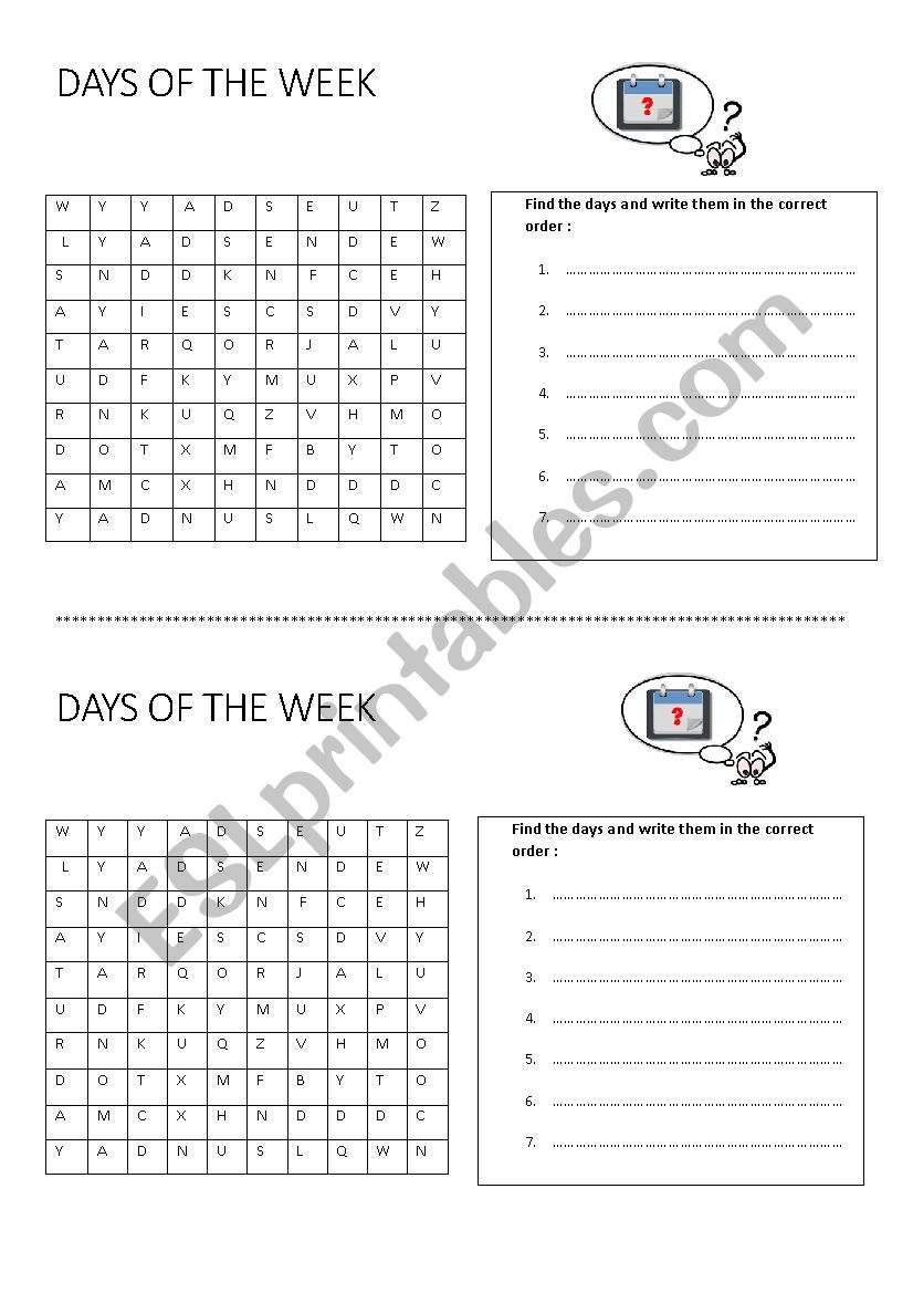 DAYS crosswords worksheet