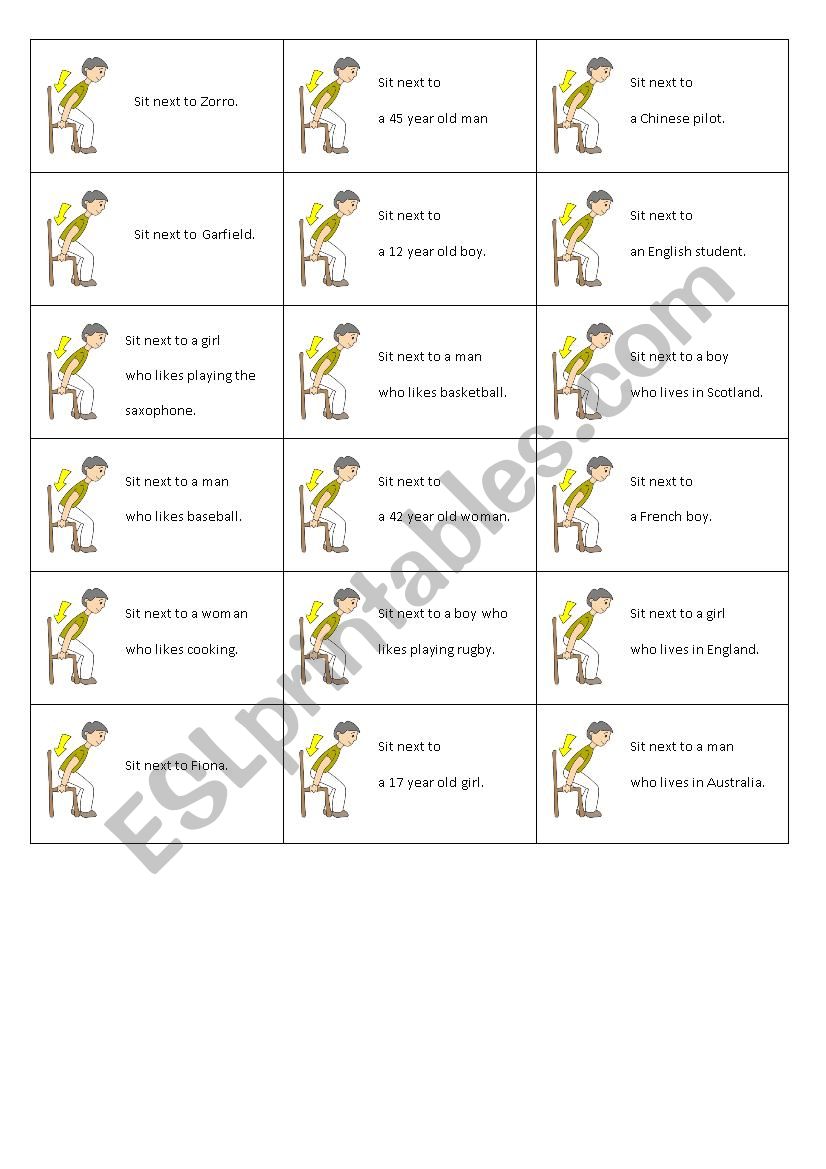 Sit next to ... CARD GAME worksheet