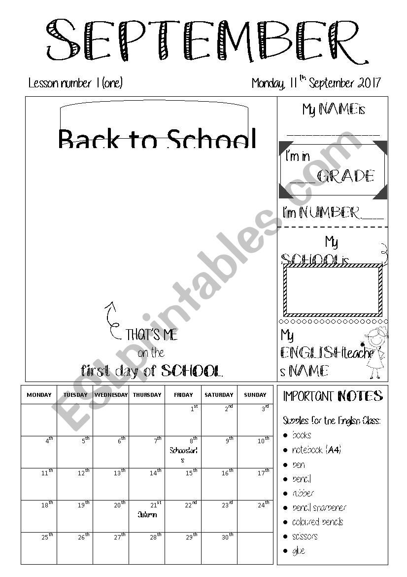 September calendar worksheet