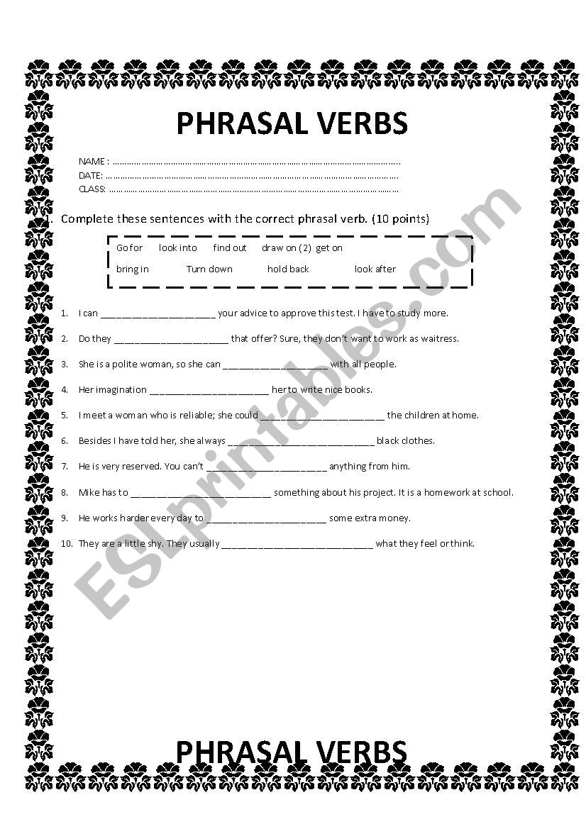 some phrasal verbs worksheet