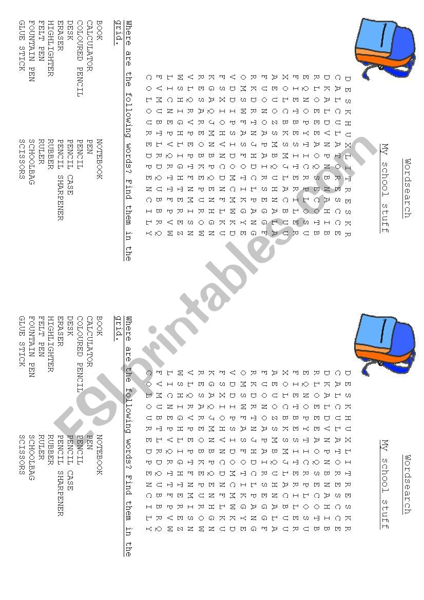 School stuff wordsearch worksheet