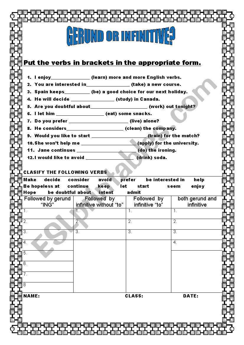 gerund or infinitive worksheet