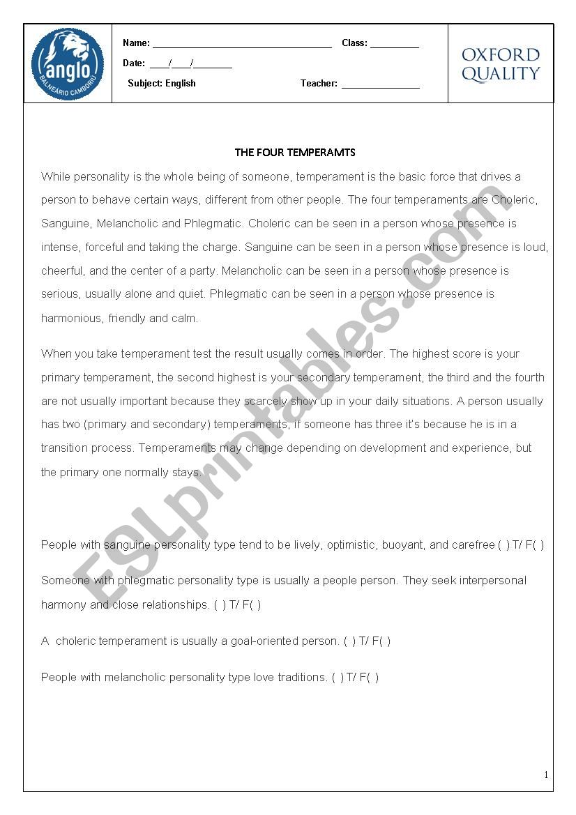 Four Temperaments worksheet