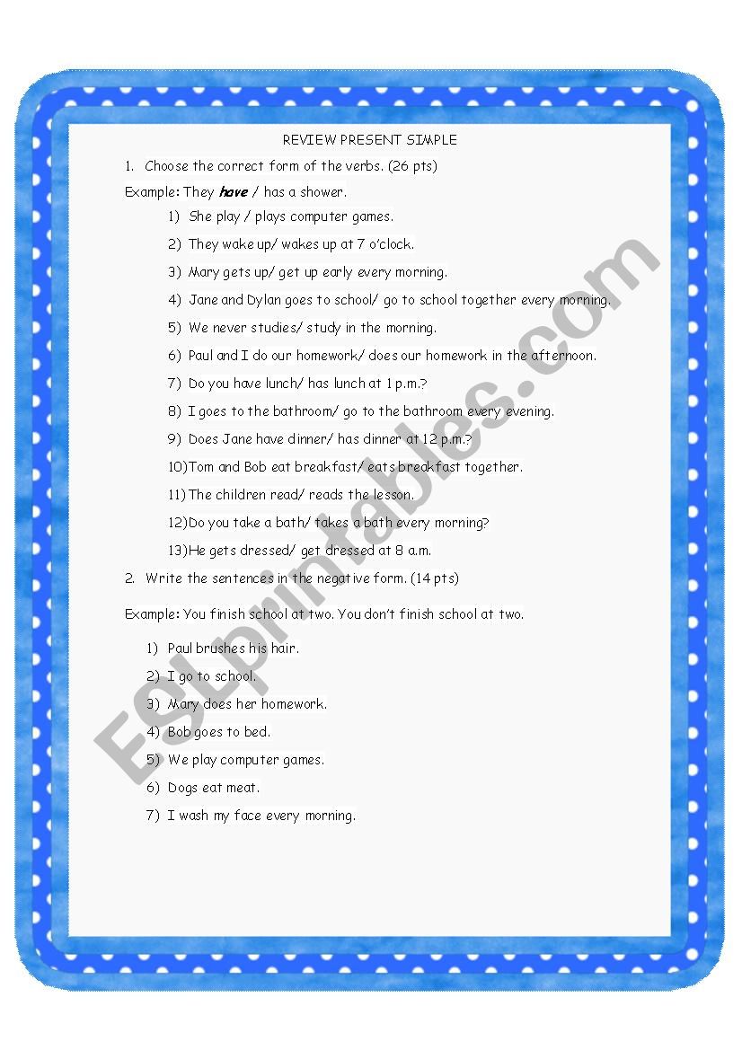 worksheet - review present simple