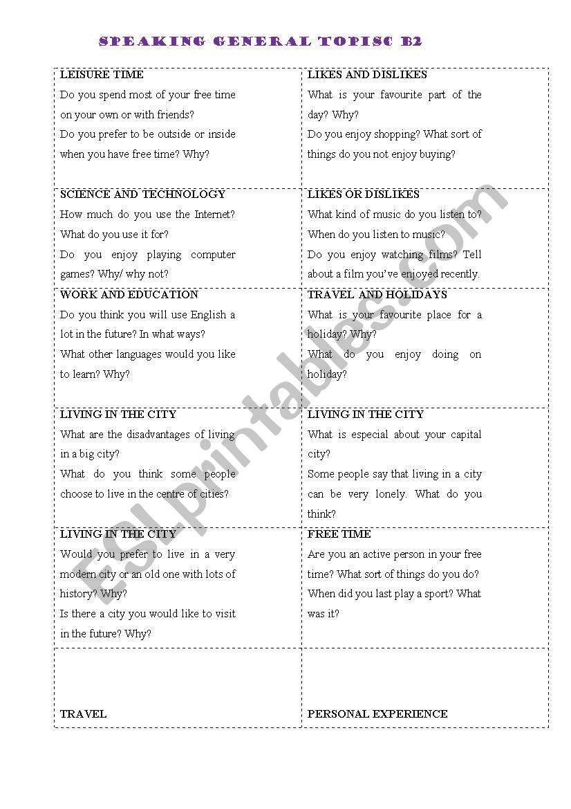 B2 SPEAKING CARDS worksheet