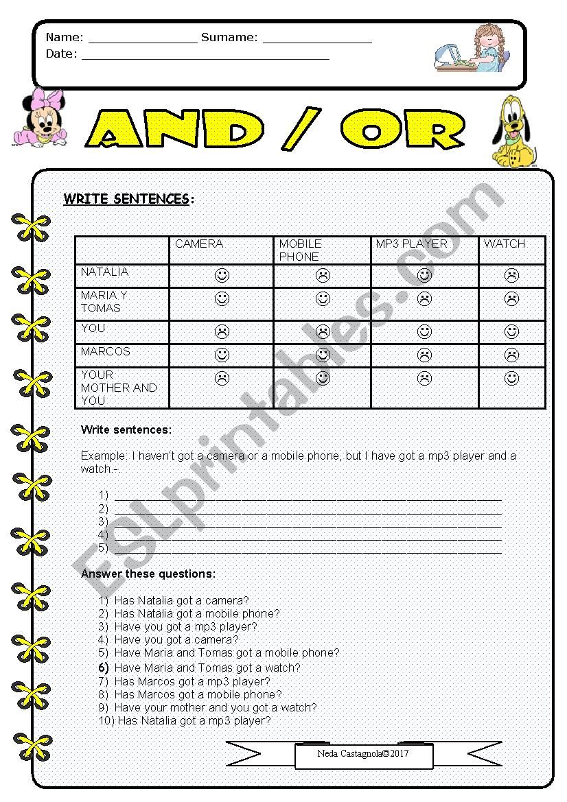 And / Or  worksheet