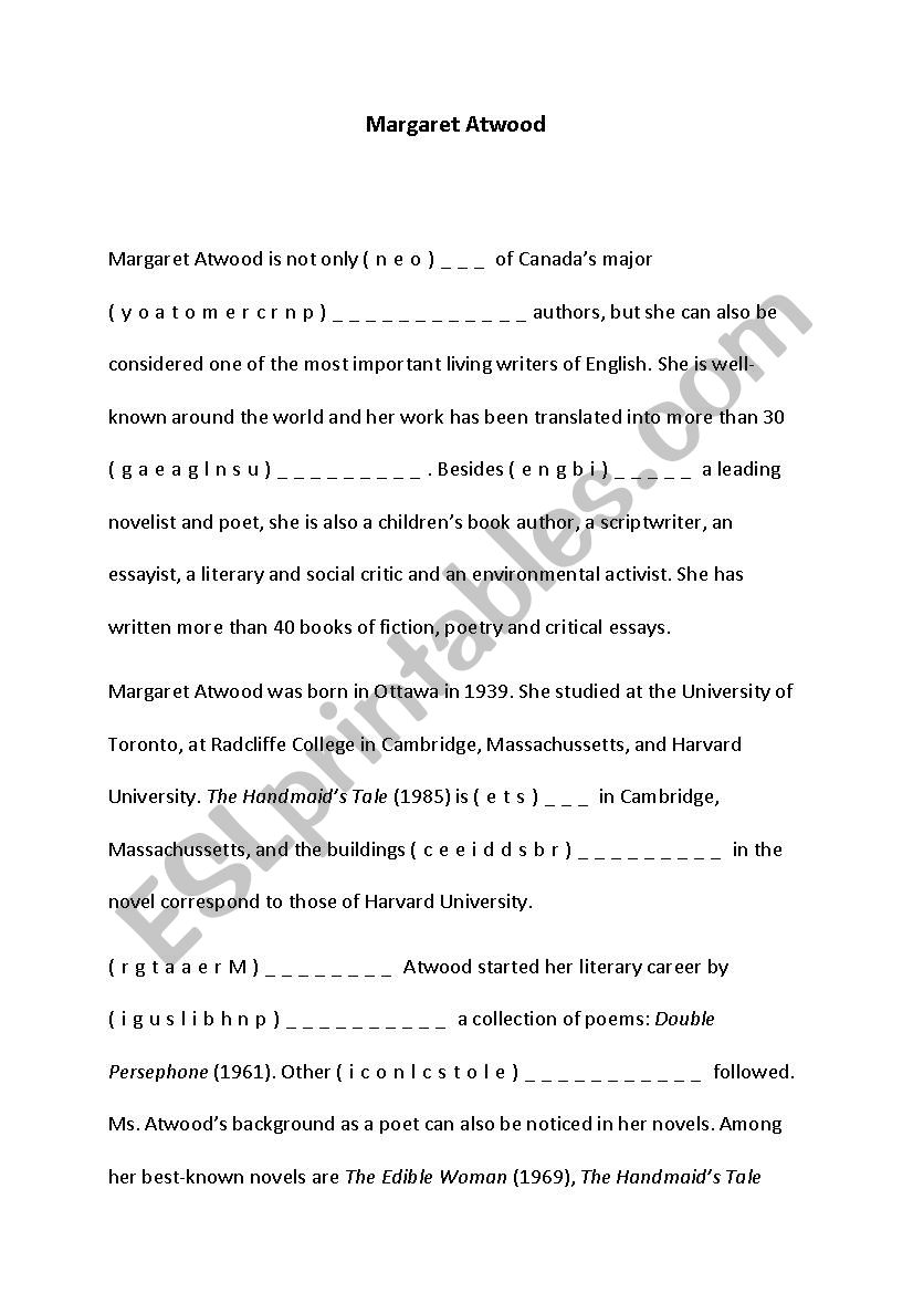 Margaret Atwood worksheet