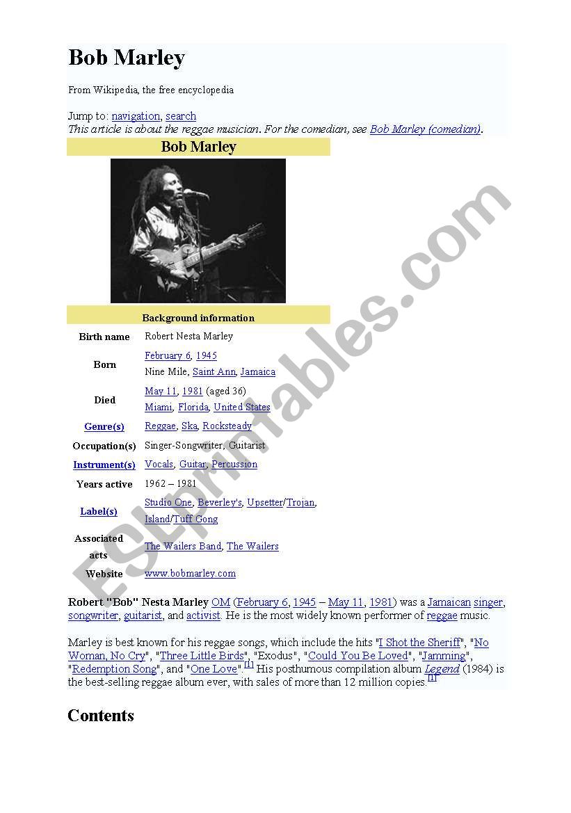 Bob marley worksheet