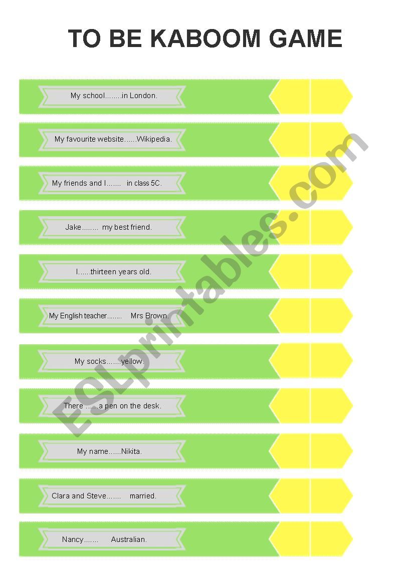 TO BE KABOOM GAME worksheet