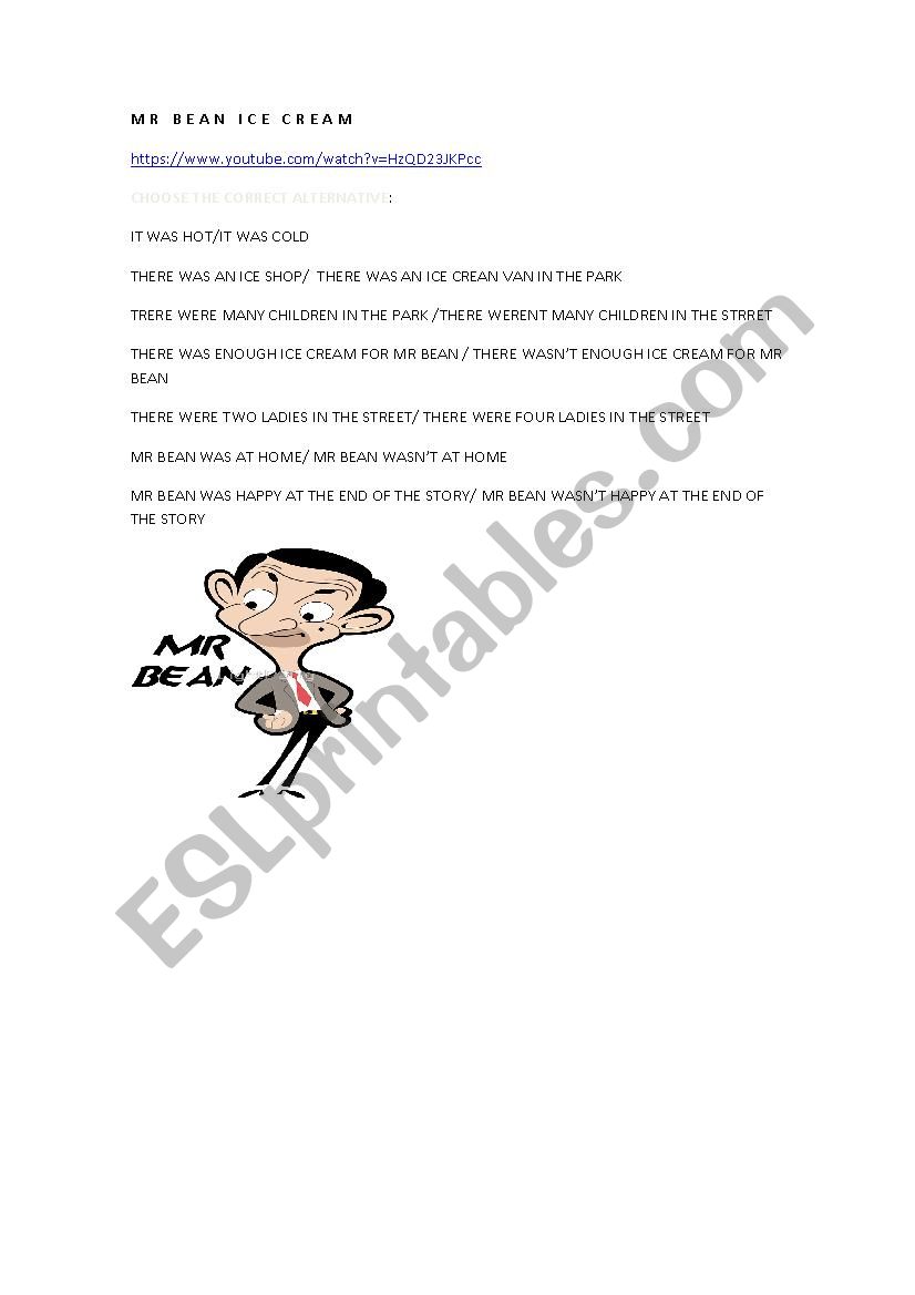 Mr Bean ice cream worksheet