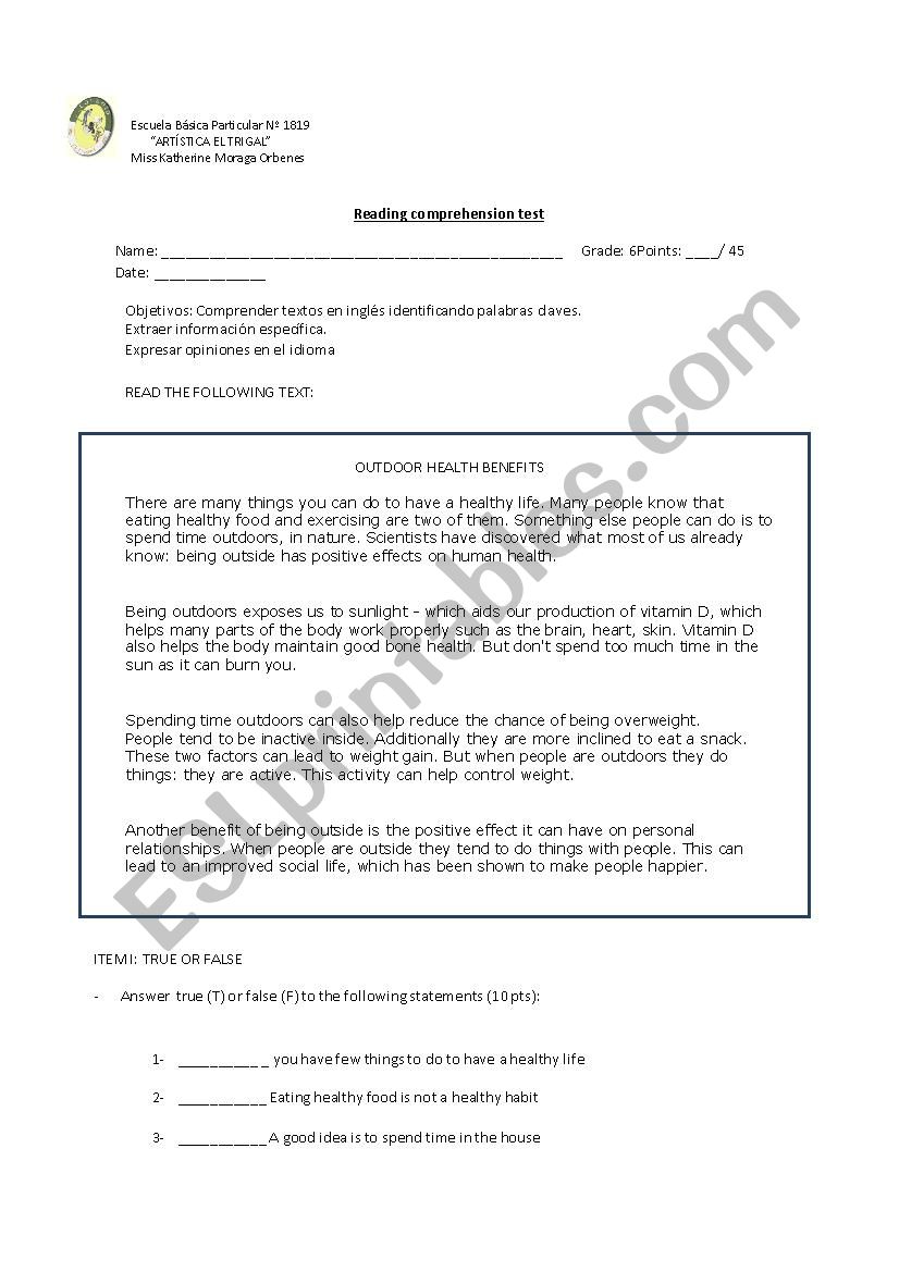 Reading comprehension test worksheet