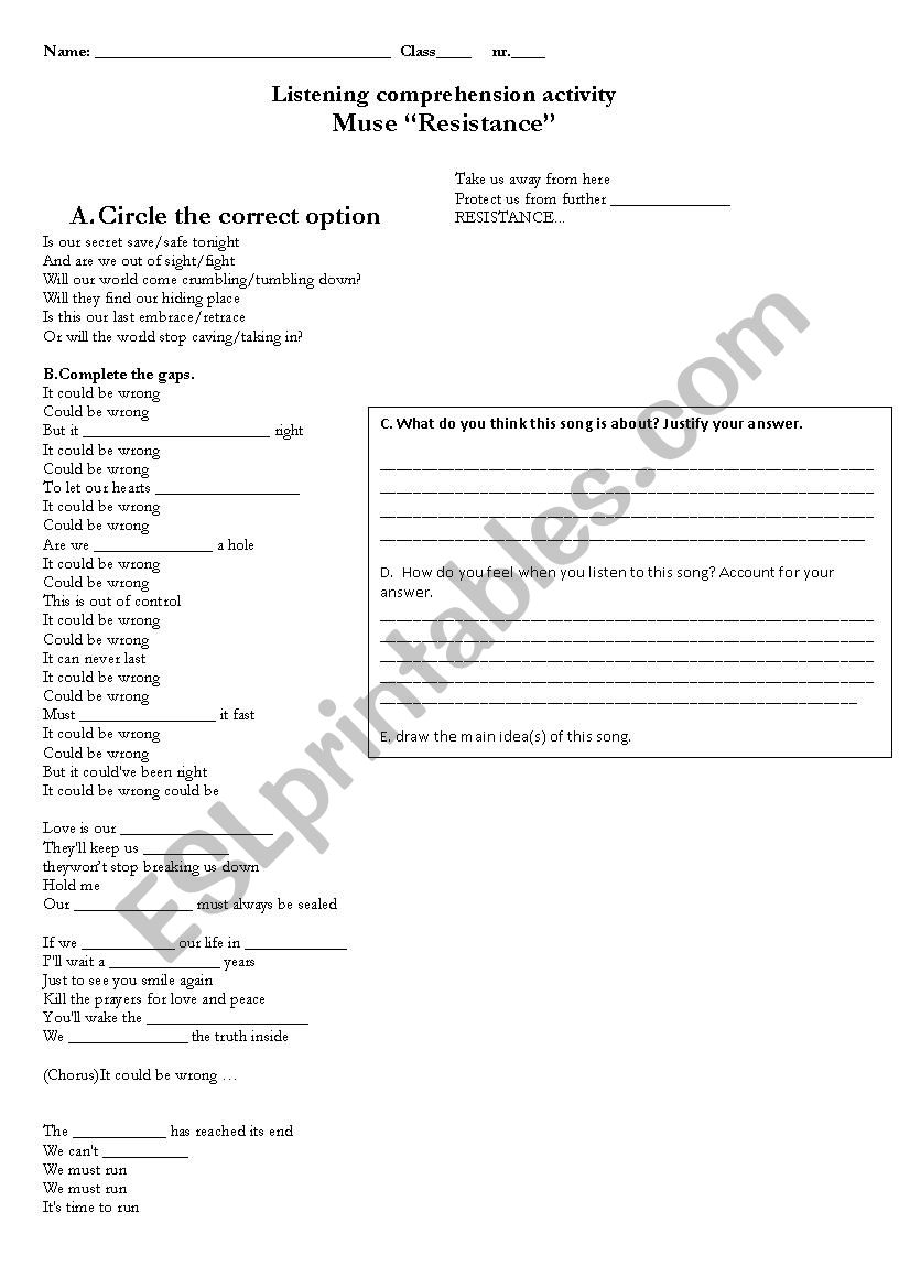 Resistance - Muse worksheet