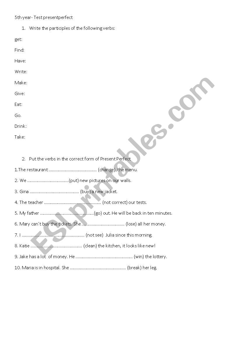 Present Perfect test worksheet