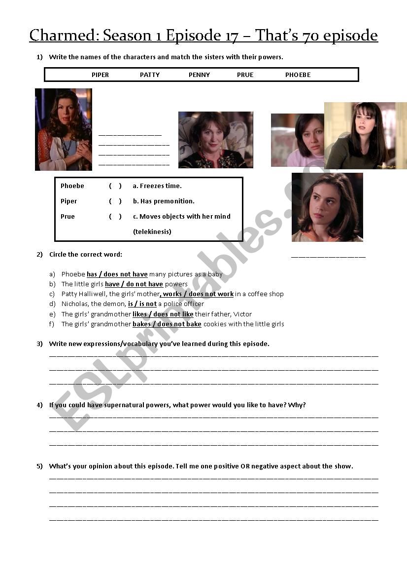 Charmed S01 E17 worksheet