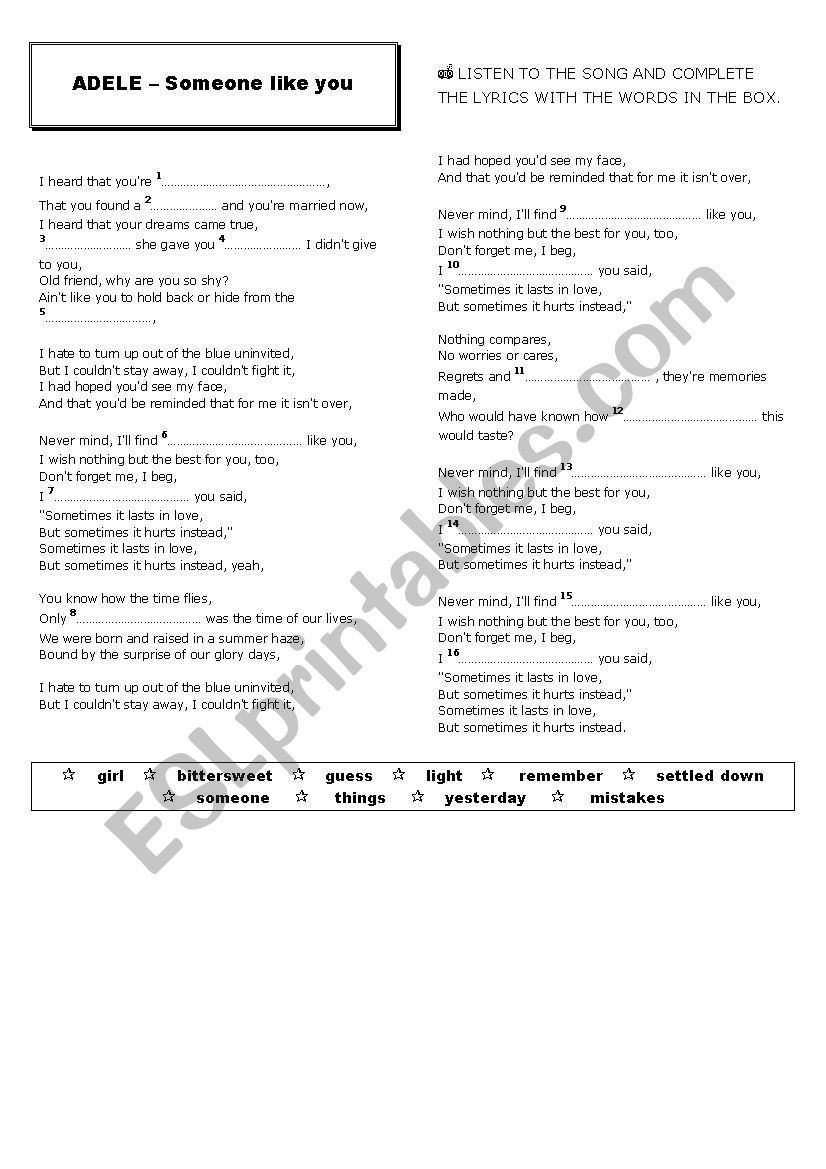 Song: Someone Like You worksheet