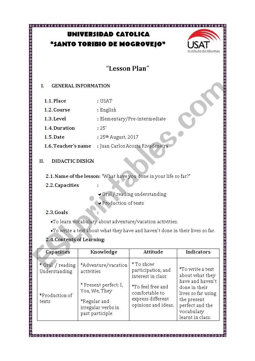 LESSON PLAN. PRESENT PERCFECT 1