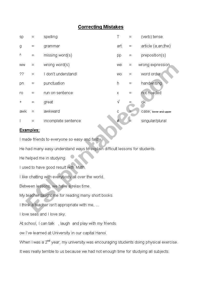 Writing Error Correction Key worksheet