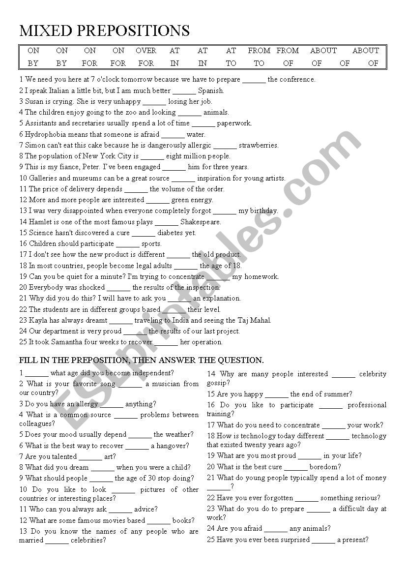 Mixed Prepositions worksheet