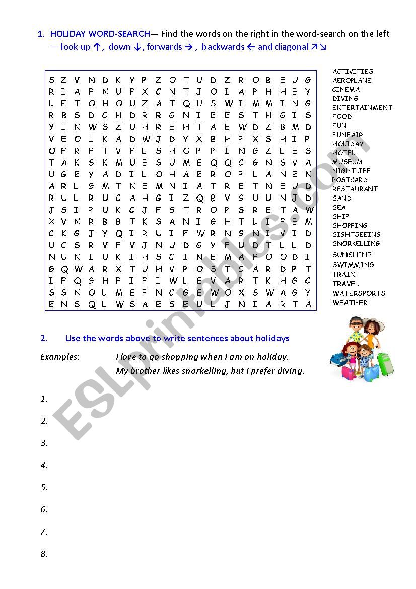 HOLIDAY WORDSEARCH AND SENTENCES
