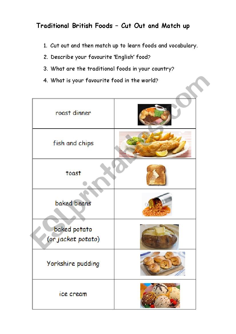 BRITISH FOODS - CUT UP AND MATCH with questions