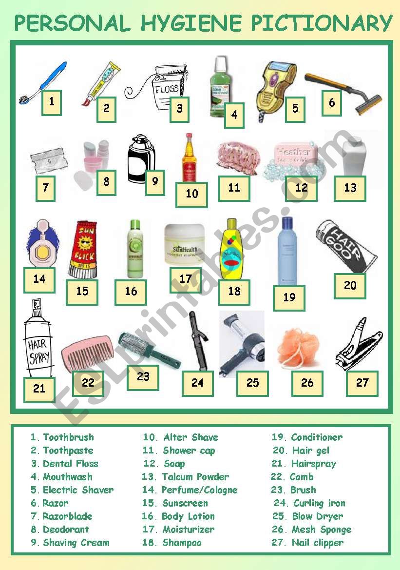 personal higyene pictionary worksheet