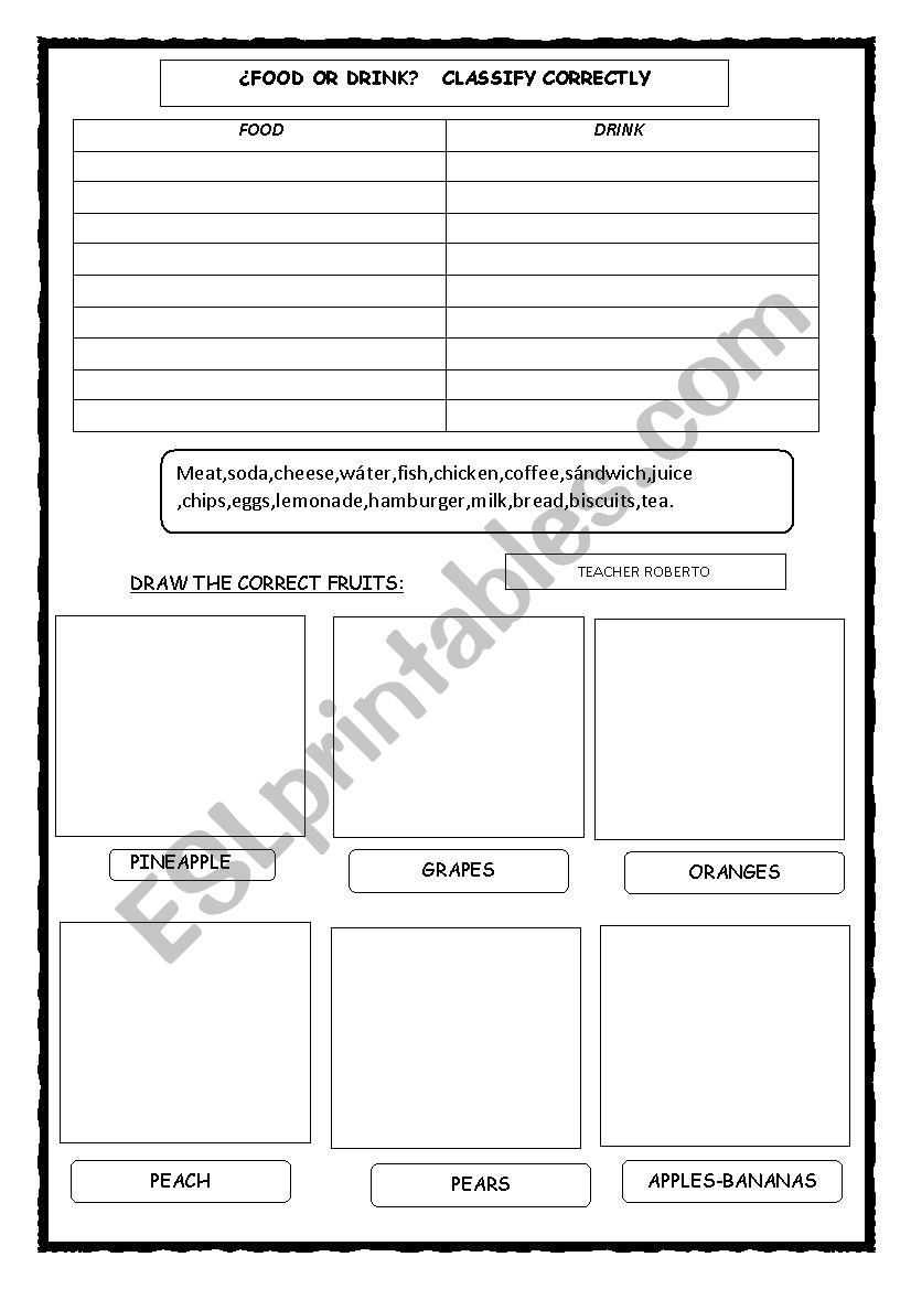 FOOD OR DRINK worksheet