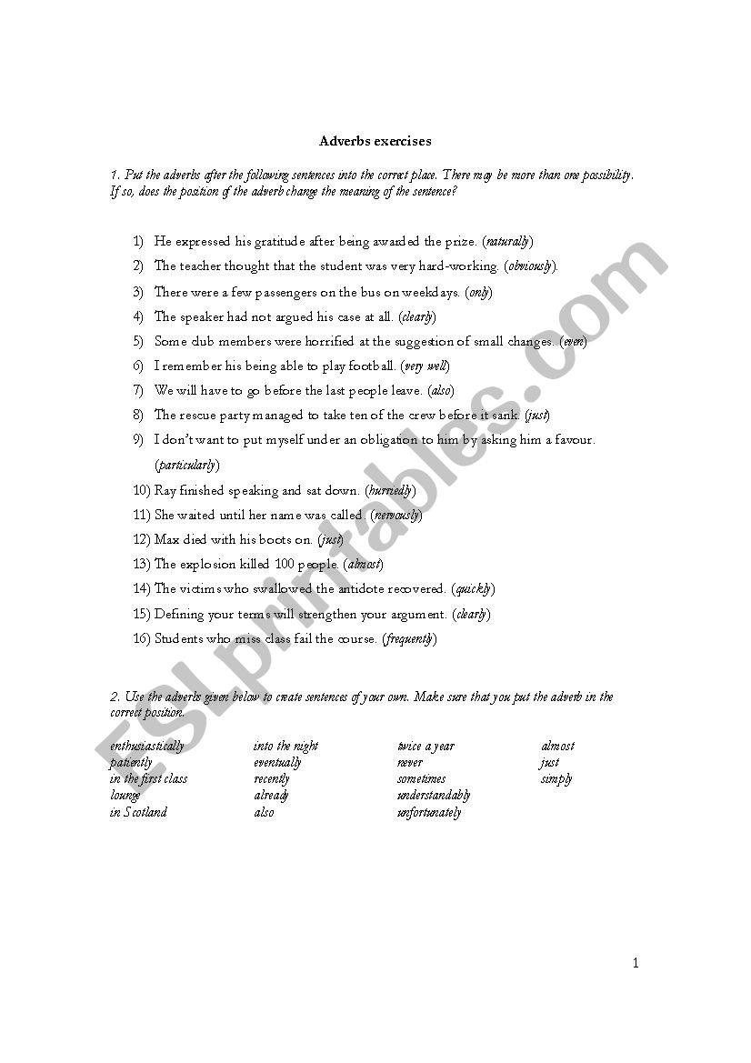 Adverbs position exercises worksheet