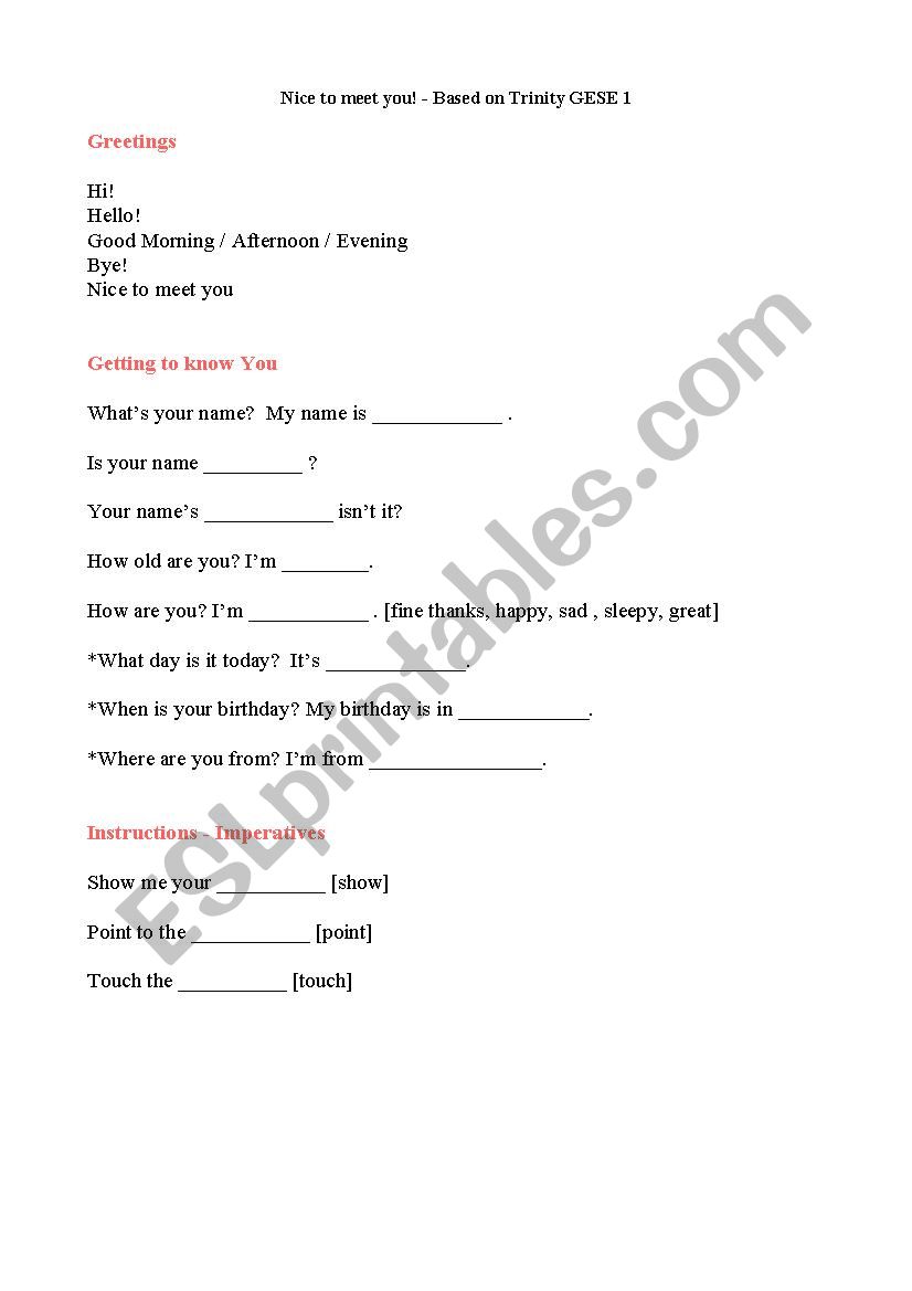 Trinity GESE 1 - Greetings worksheet