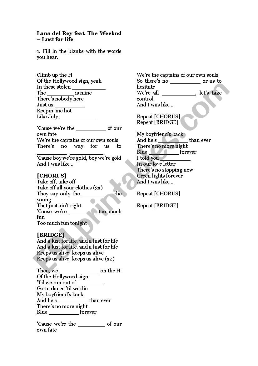 Lana del Rey - Lust for life worksheet