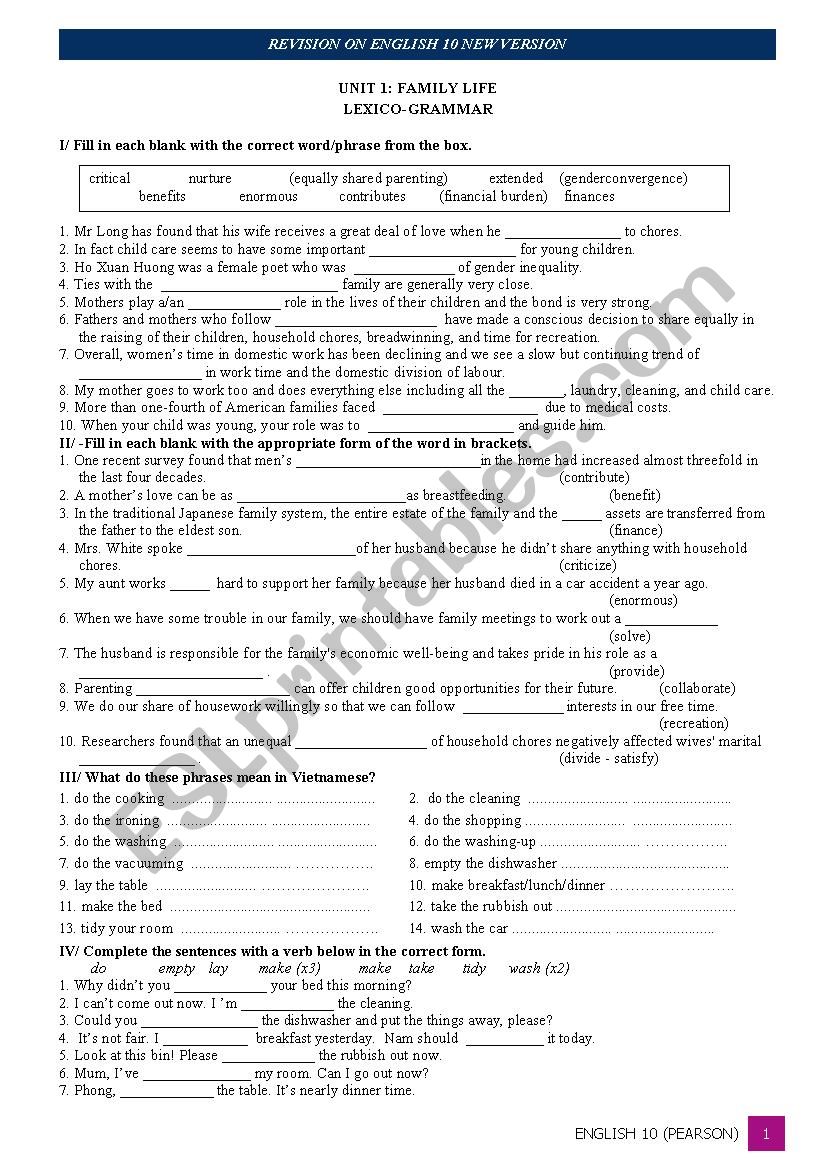 Vocabulary on Family Life  worksheet