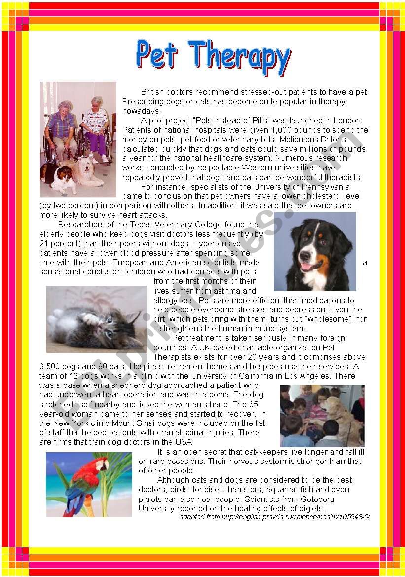 Pet therapy worksheet