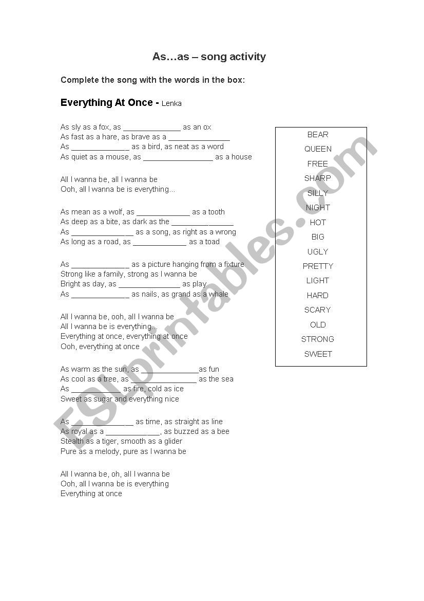 song activity with as...as worksheet