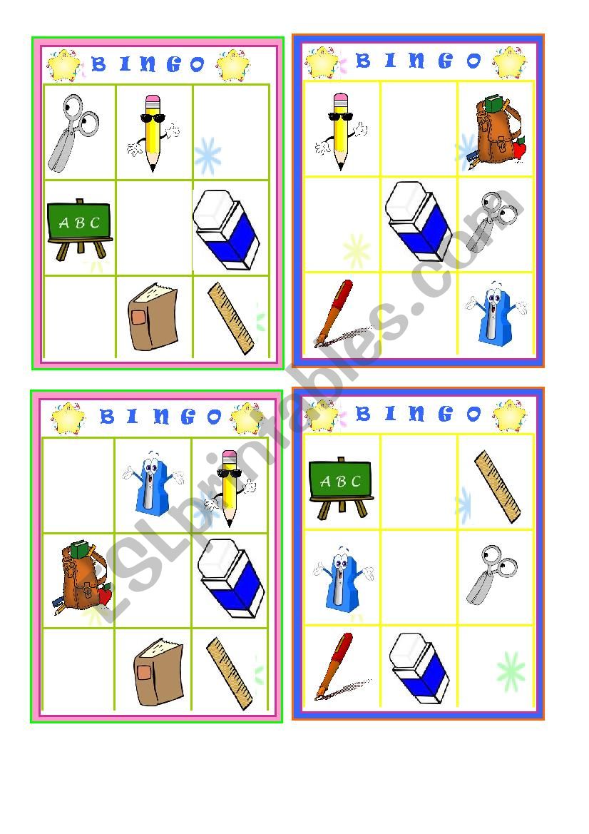 School  objects bingo worksheet