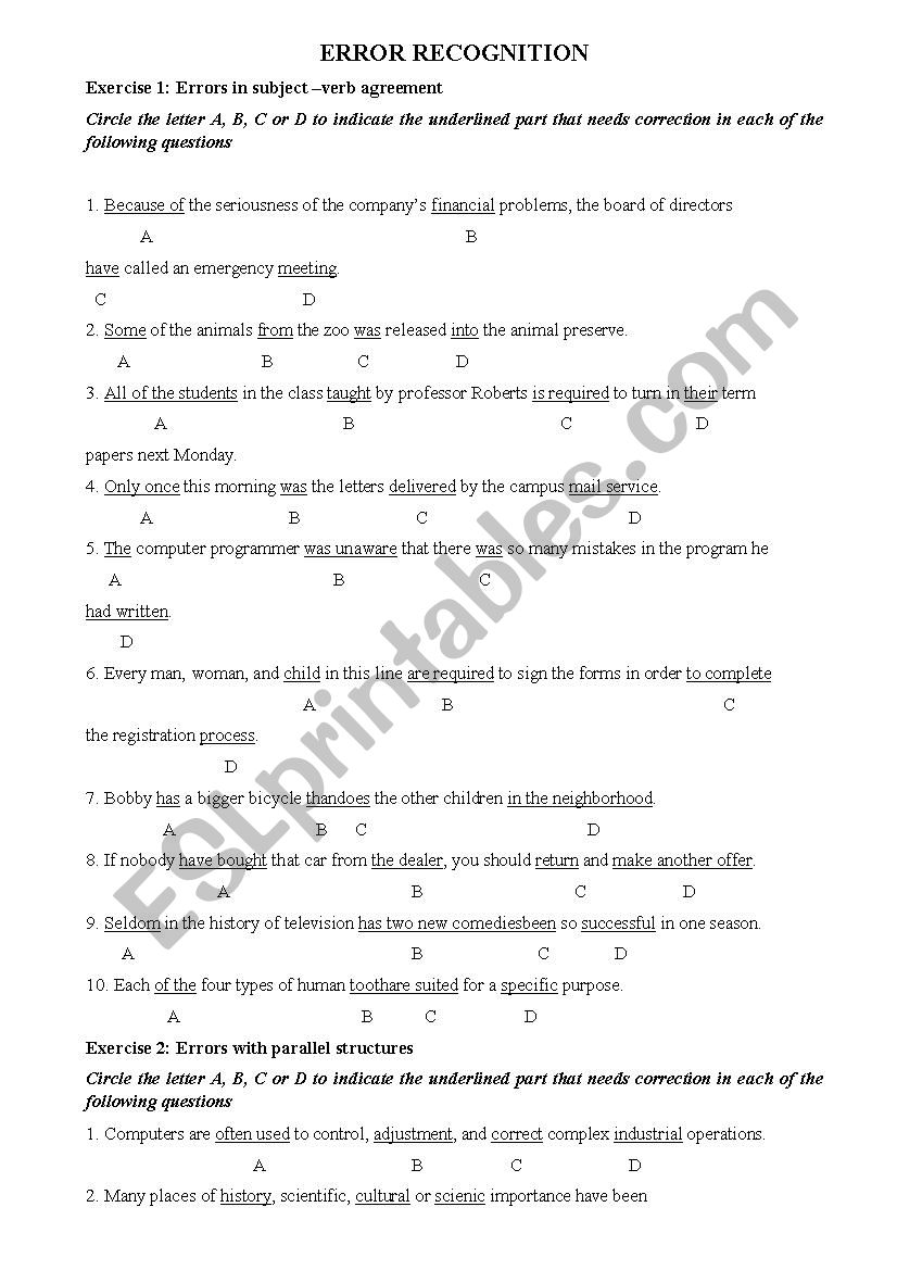 ERROR RECOGNITION worksheet