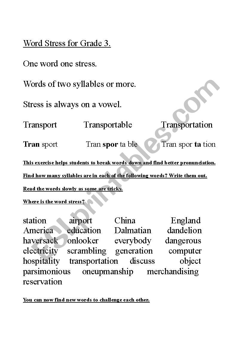 Word Stress for Grade 3 worksheet