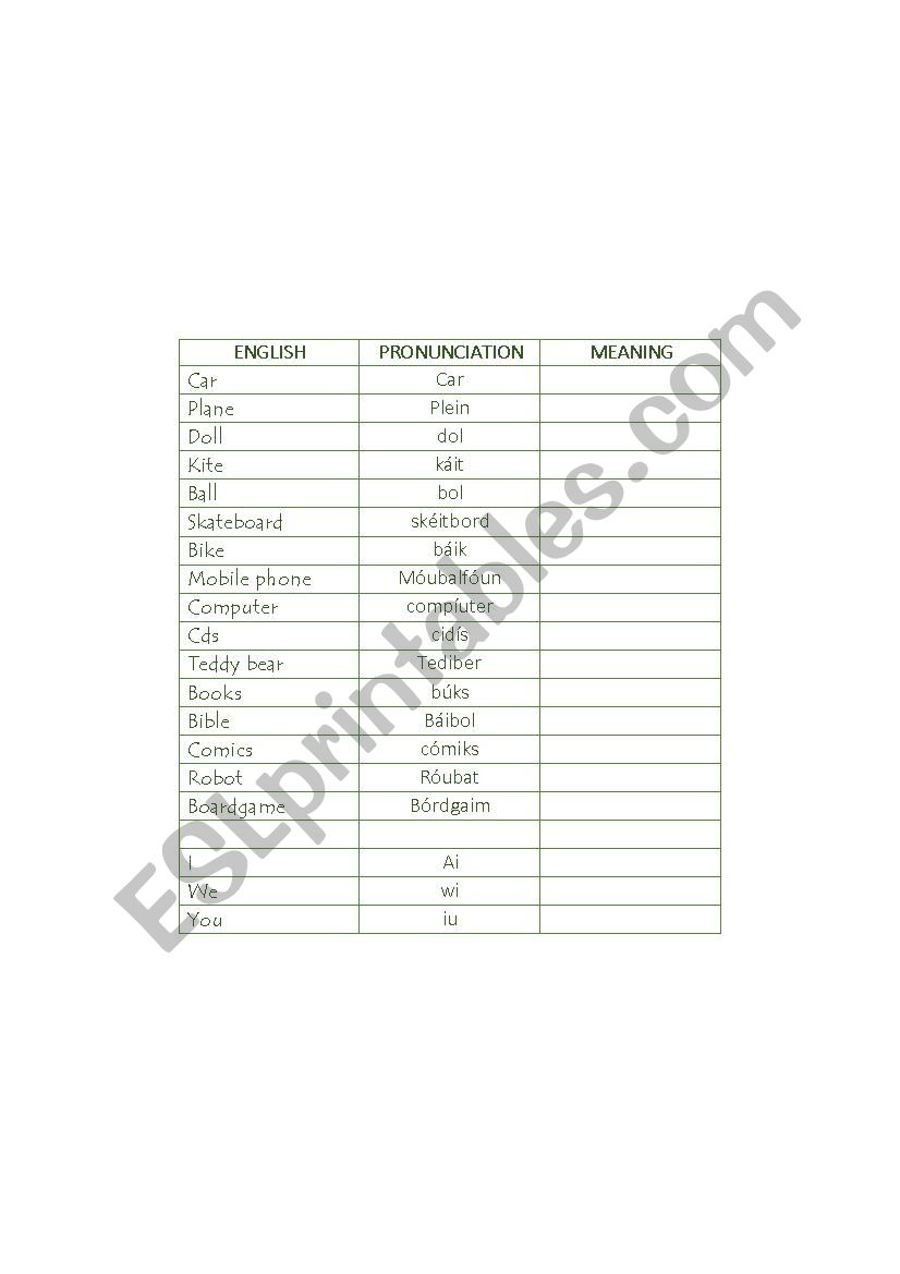 Toys worksheet